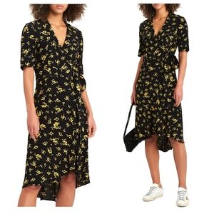 Ganni Floral Midi Wrap Dress Crepe Print Short Sleeves Classic Basics Office